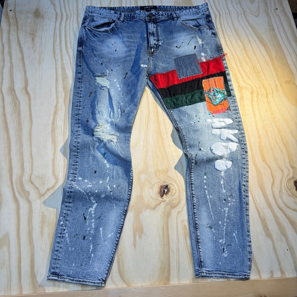 AKOO Men's Patchwork Distressed Paint Splatter Blue Denim Jeans Size 42